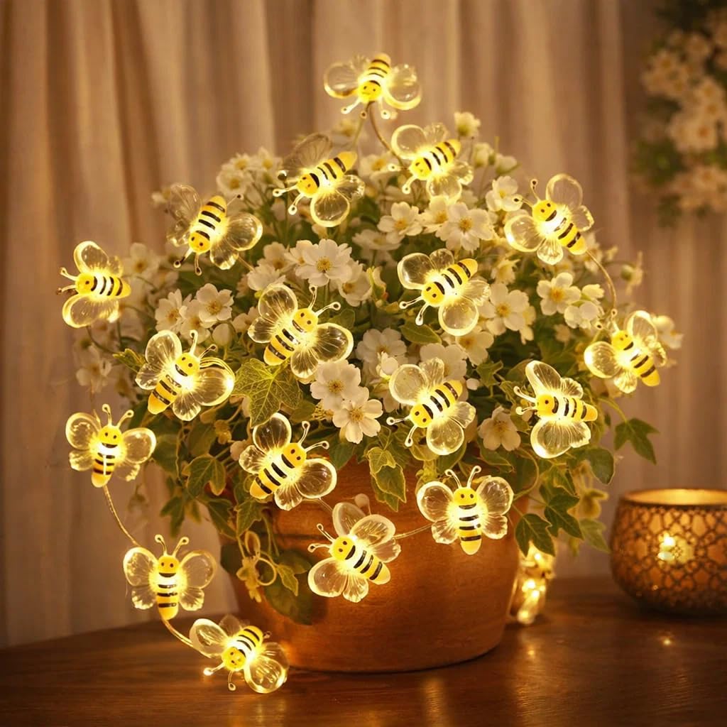 AebeChun Bienen Lichterkette, 2M 20LED Biene Licht Batteriebetrieben mit Timer, Lichterkette Frühling Bienen Deko für Kinderzimmer Garten Hochzeit Valentinstag Party Geburtstagsdeko