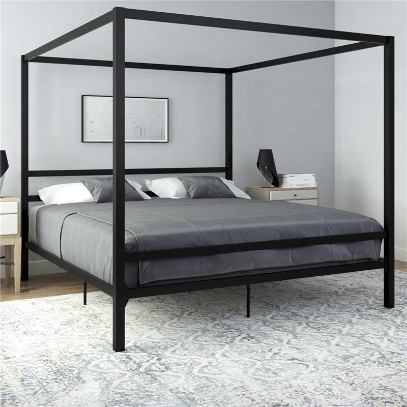 DHP Modern Metal Canopy Platform Bed with Minimalist Headboard and Four Poster Design, Underbed Storage Space, No Box Spring Needed, King, Black