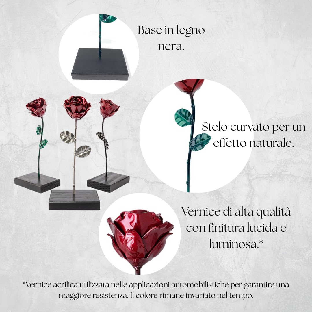 Forging Art Bcn® Rosa Eterna in Ferro Forgiato a Mano con Piedistallo - Regalo Festa della mamma, San Valentino, 6° anniversario di matrimonio, Nozze di Ferro (Rosso/Argento con Base)