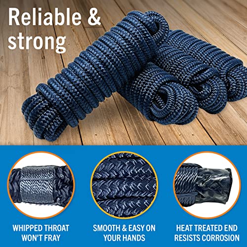 Image of Dock Lines for Boats 1 /2 inch x 25ft, 4 Pack Double Braided Nylon Boat Rope | 12 inch Loop, Marine Grade Mooring Line for Docking, Navy, Better Boat