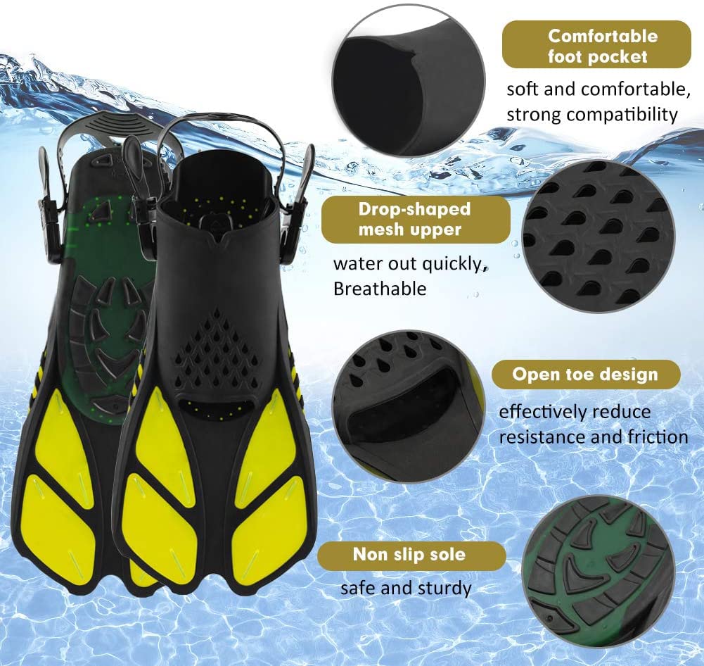 Schwimmflossen, Schnorchelflossen, Schnorchelausrüstung, Schwimmflossen zum Schwimmen, kurze Tauchflossen, Reisegröße, mit Netztasche, extra Flossenriemen, offene Ferse, verstellbar