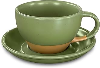 CERAMICS HIT PAUSE Latte Art Mug With Saucer - 10.5 oz, Round Bottom For Perfect Pours - Cafe Cups for Cappuccino, Espresso, Coffee, Tea etc - Porcelain Set for Baristas, Great Gift - Moss Green