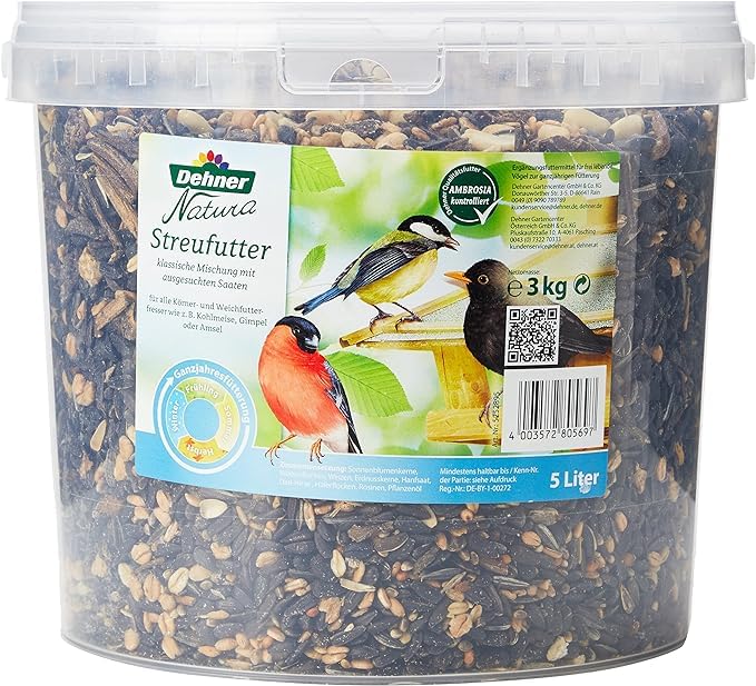 Dehner Natura Wildvogelfutter, Insekten-Knödel, ohne Netz, 100 Stück (10 kg) & Natura Wildvogelfutter, Streufutter im Eimer, 3 kg