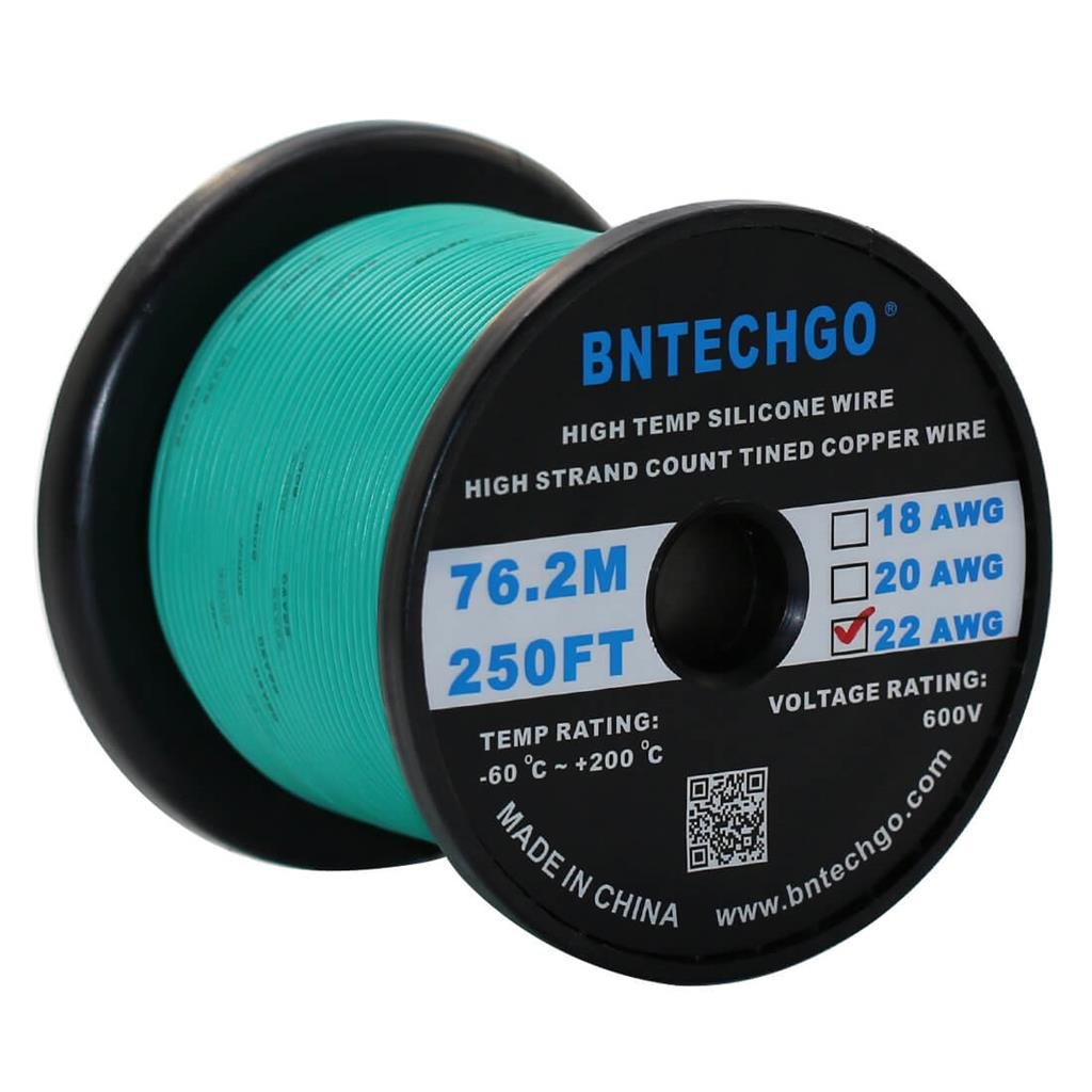 BNTECHGO22 Gauge Silicone Wire 250 Feet Green Soft and Flexible High Temperature Resistant Highly Efficient 22 AWG Silicone Wire 60 Strands of Tinned Copper Wire