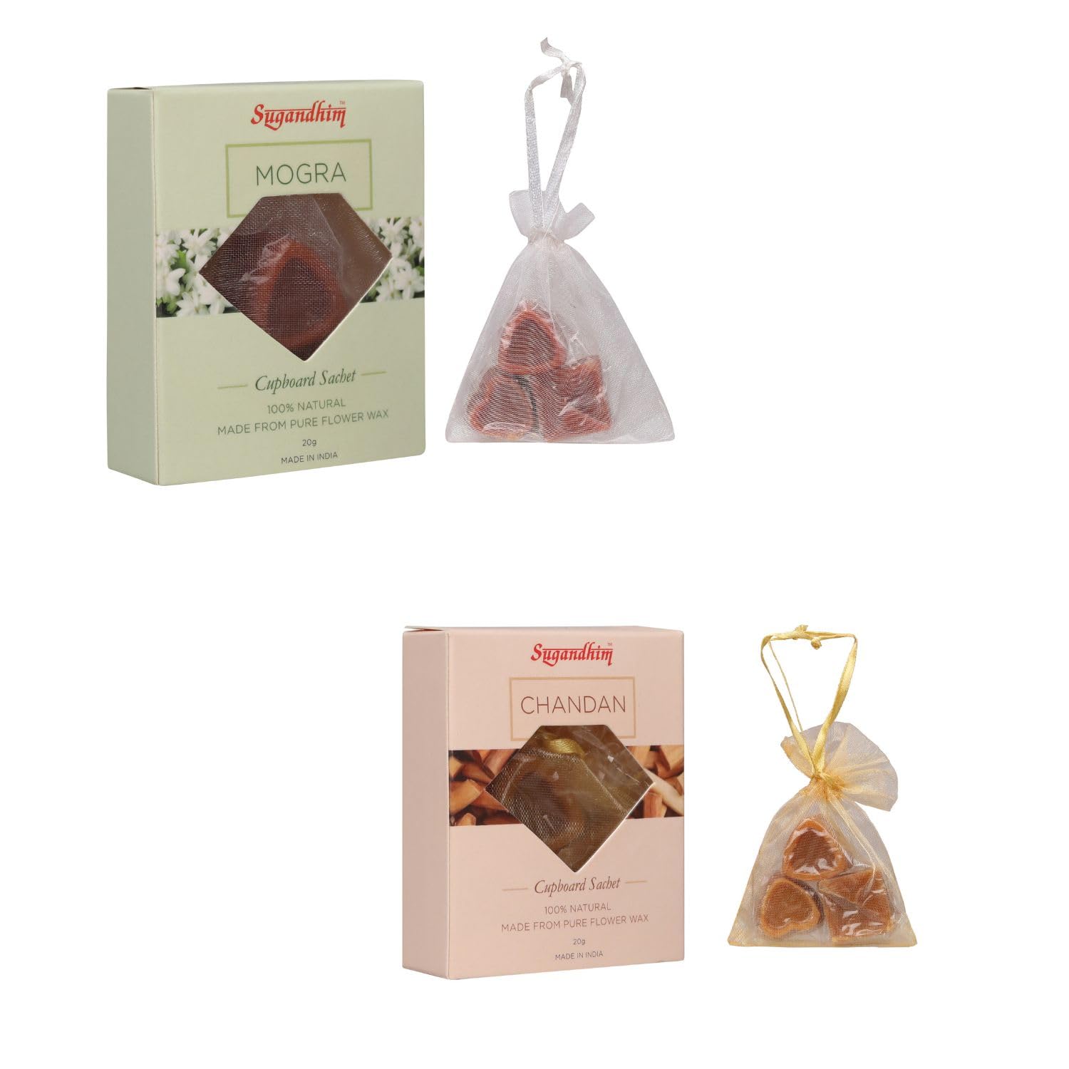 Sugandhim Cupboard Sachet Mogra (Jasmine) & Chandan (Sandalwood),2 x 20 GMS, 100% Natural Floral Wax,Woody, Rich & Intoxicating, Sweet, Aromatic, Ancient, Freshener, Excellent Fragrance, Eco Friendly