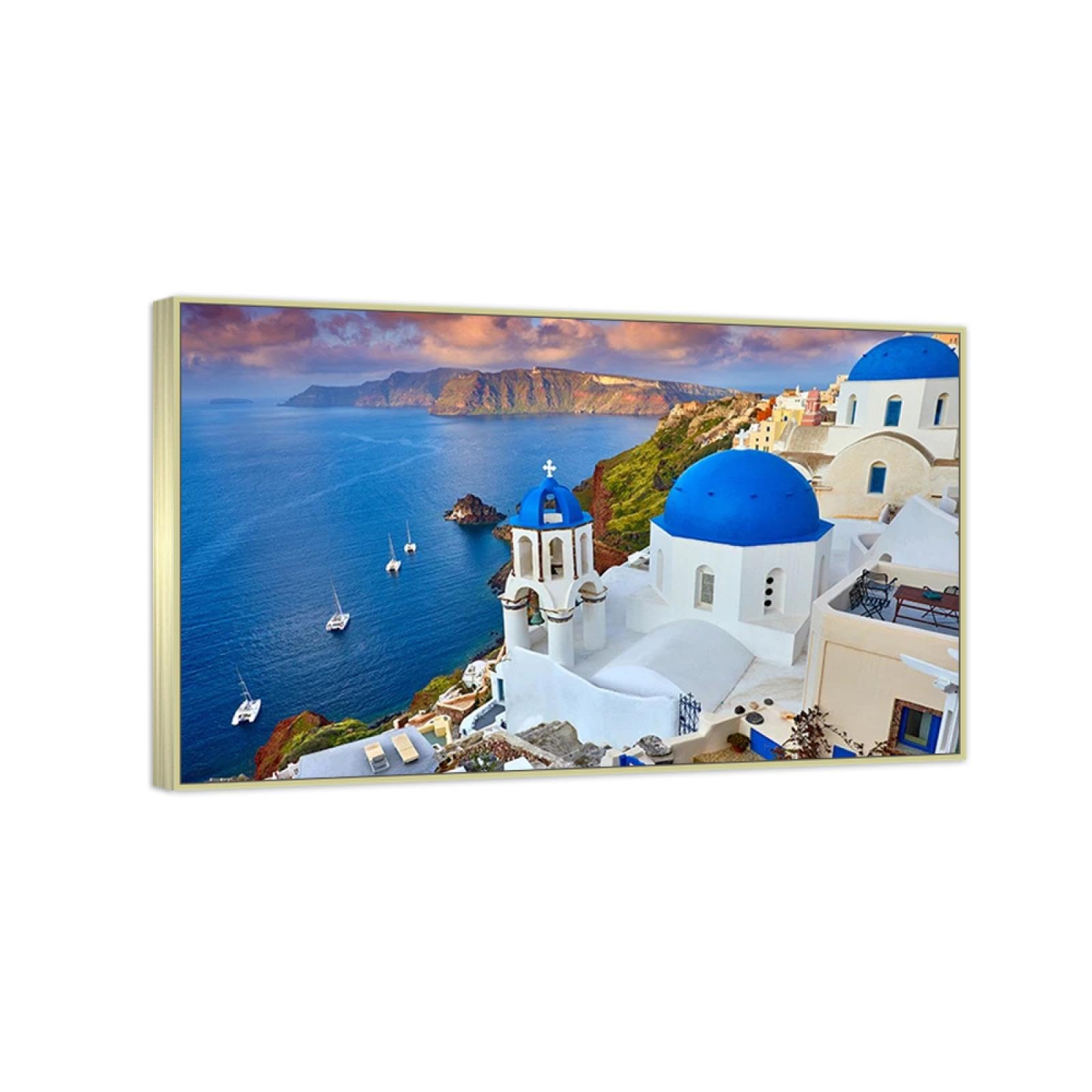 MUHJDYC Silber Rahmen-Meer Leinwandbilder Kunstdruck-Küsten gebäude Ozean-Natur Bild auf Leinwand-Landschaftsbilder Wandbilder Wohnzimmer Deko 70x110cm