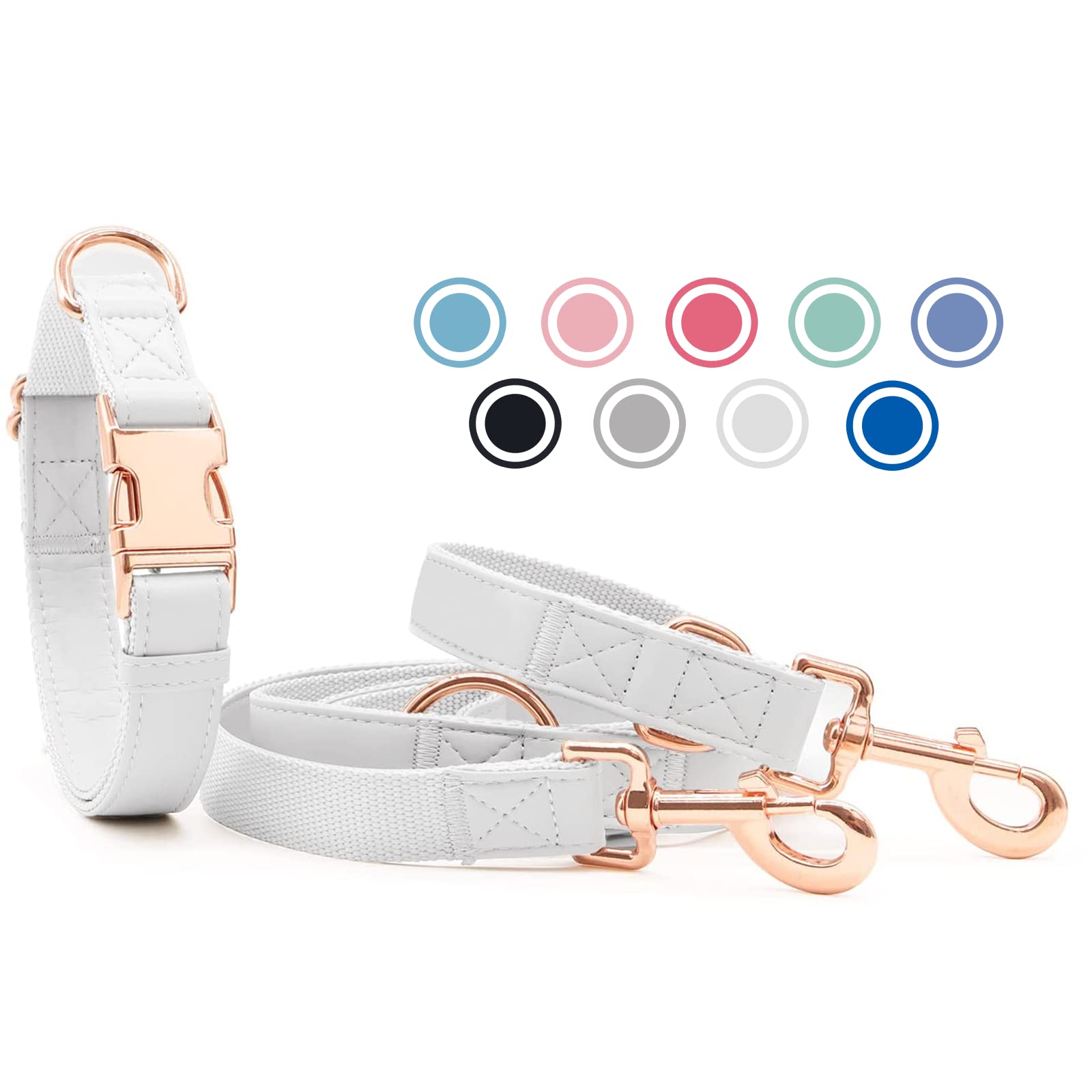 Soft Leather Dog Collar and Lead Set, Stylish Rose Gold Dog Lead and Collar Set including Heavy Duty Metal Buckle