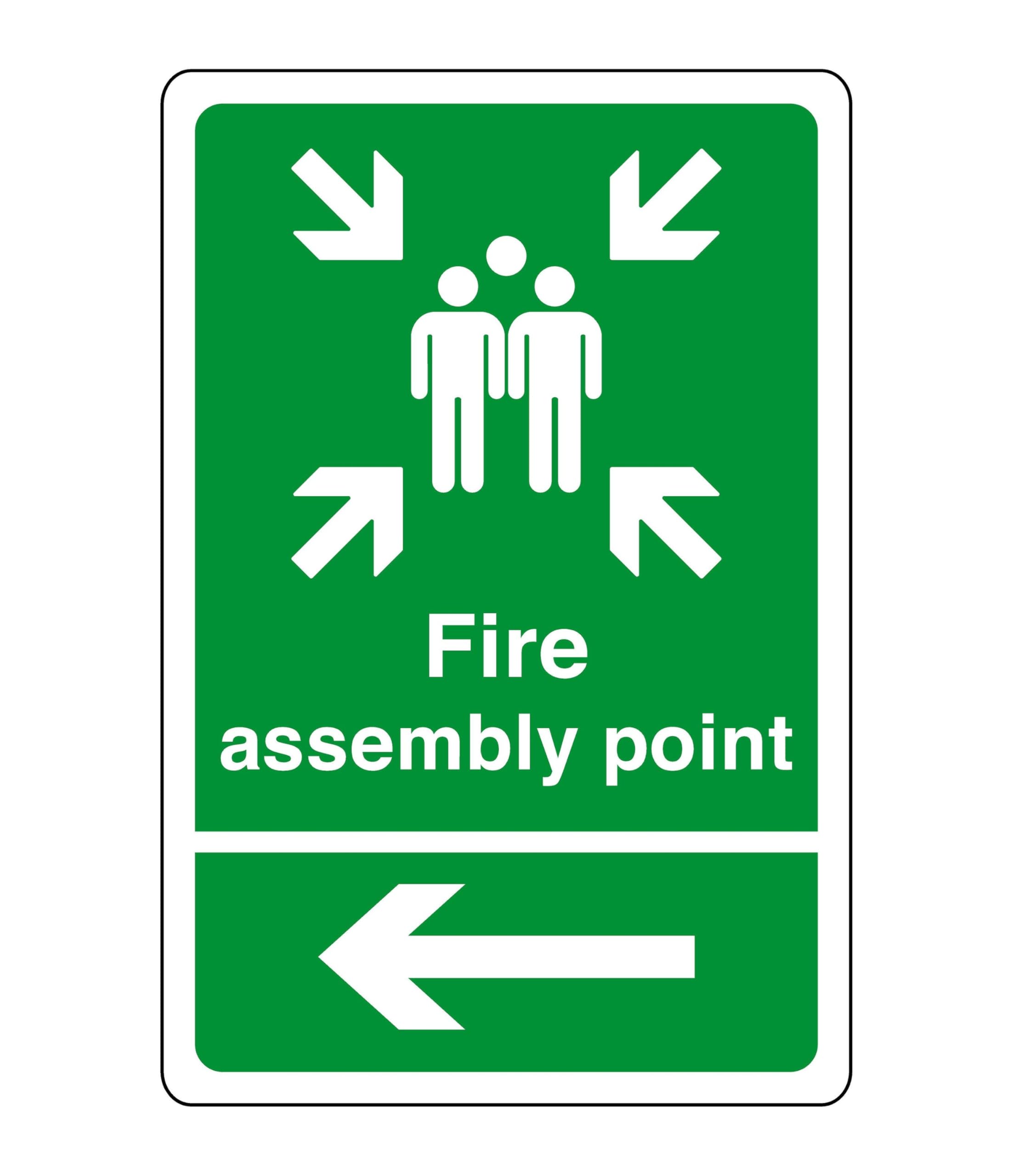 Safety First Display Ltd Green/White Fire Assembly Point Arrow Left Sign - Safety Sign - Business Signs, Carpark Safety Signs - High Tack Self-Adhesive Sticker (400Mm X 300Mm) Viewing Distance Within 14M.