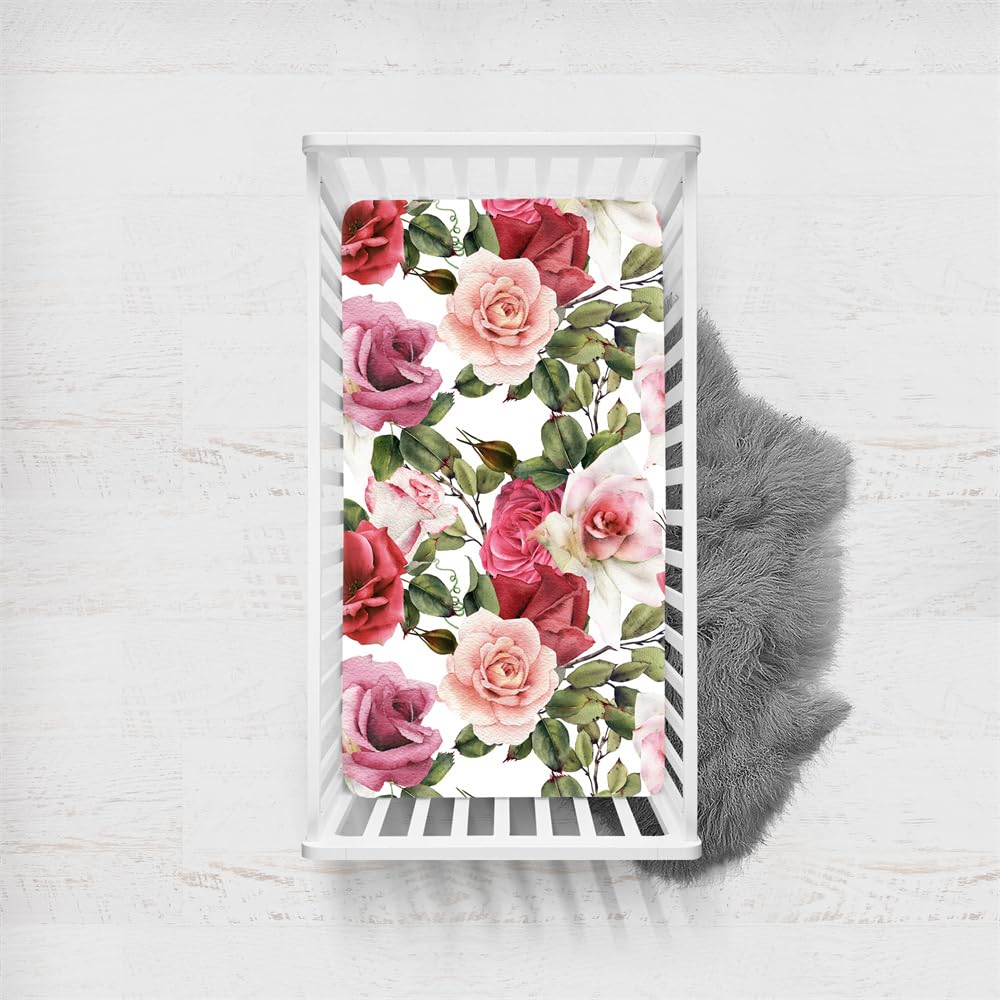 Odot Cot Bed Fitted Sheets, Toddler & Baby Bed Sheets, Elegant Floral Print Microfiber Mattress Protector, Cozy Lightweight Bedside Cribs Bassinet Sheets for Boys Girls (75x33cm,Red Rose)