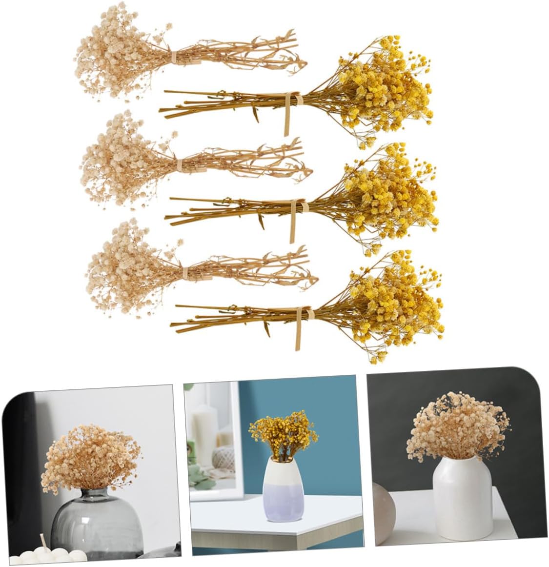 KALLORY 6pcs Babys Breath Dried Flowers Bouquet Mini Artificial Stems for Wedding Table Decoration Home Party Centerpiece Floral Arrangement