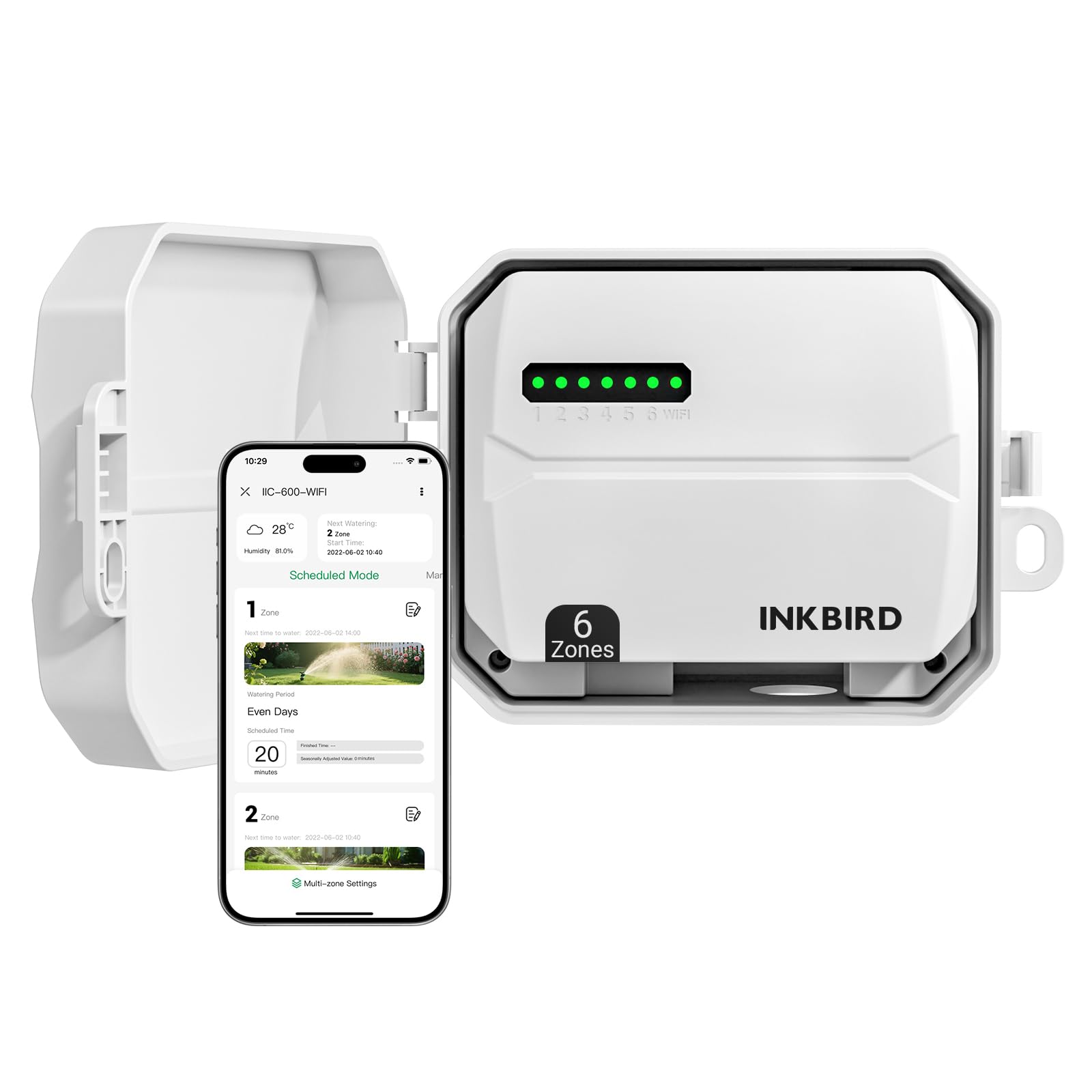 Inkbird IIC-600 Wifi 6 stref programator do nawadniania z wodoodpornym pudełkiem, automatyczne nawadnianie WiFi w ogrodzie, timer, wbudowany nieulotny pamięć, wsparcie czujnika deszczu i regulacja