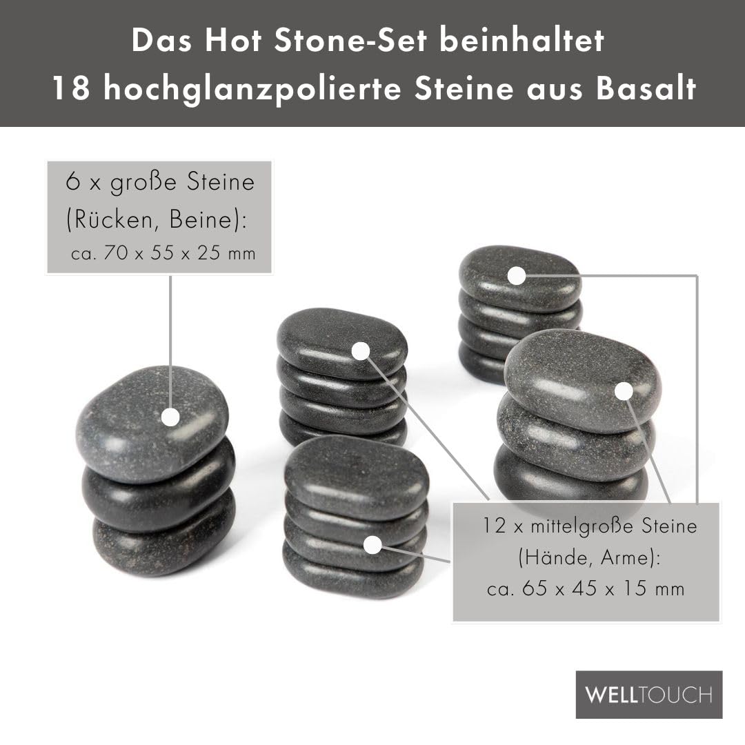 WellTouch Hot Stone Massage Set | 18 Basalt Massagesteine | Optimal als Hot Stone Einsteiger-Set | Geeignet für Privatanwender | Ideal für Spa, Massagetherapy & Entspannung