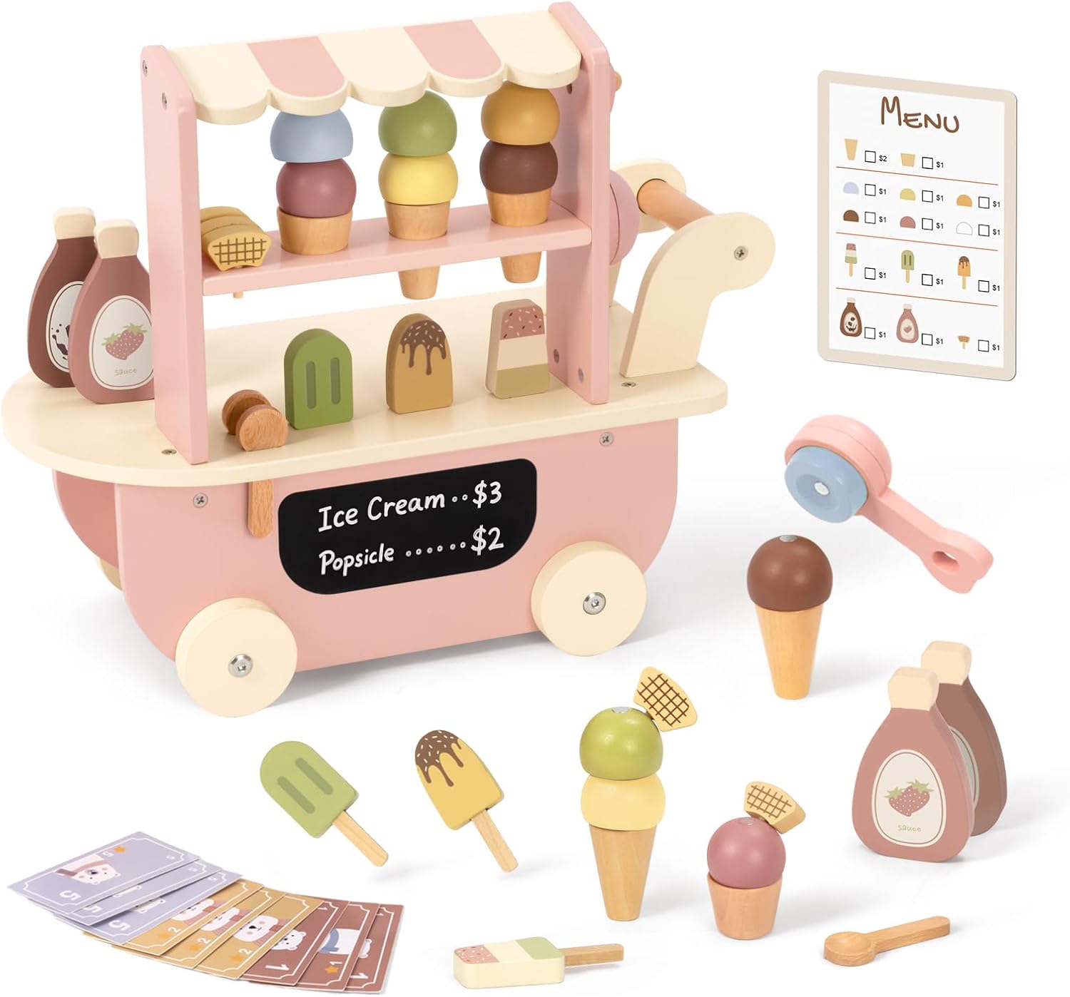 Baby Doll Crib with Two Storage Box, Bedding and Coat Hangers, Ice Cream Truck Toy with Scooper & Wheels