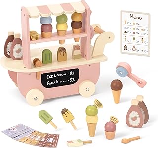 OOOK Wooden Ice Cream Cart for Kids, Ice Cream Truck Toy with Scooper & Wheels, Play Kitchen Accessories for Pretend Play with Menu & Pretend Money, Imaginative Preschool Toys for Girls & Boys 3+