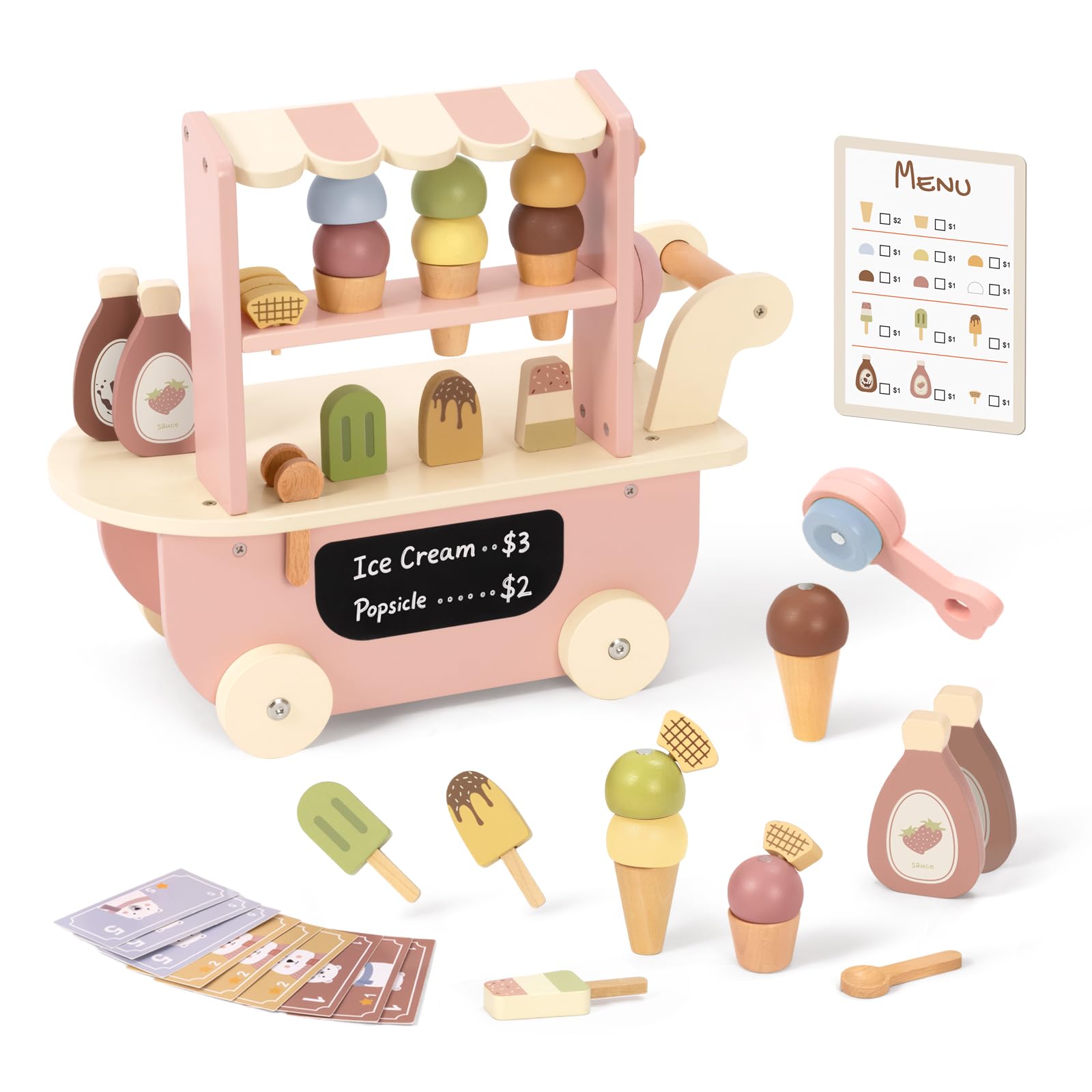 OOOK Wooden Ice Cream Cart for Kids with Scooper &amp; Wheels, Full Accessories
