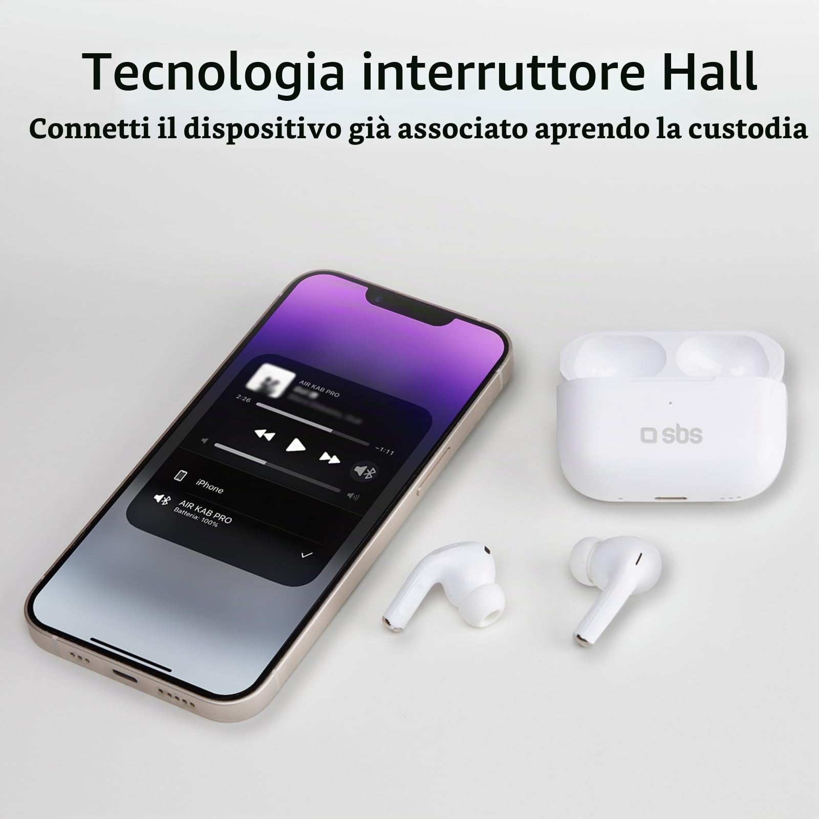 SBS Air Kab Max TWS - Cuffie Auricolari In-Ear True Wireless Stereo, Custodia con Ricarica Wireless, Hall Switch, Dual Leader, Autonomia 5h, Comandi Touch, per Smartphone, Tablet, Laptop, Bianco