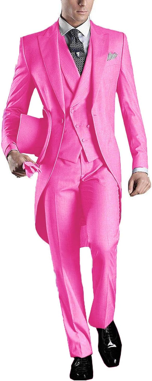 QZI Men's Tailcoat Suit Slim Fit Peak Lapel One Button Three Piece Set