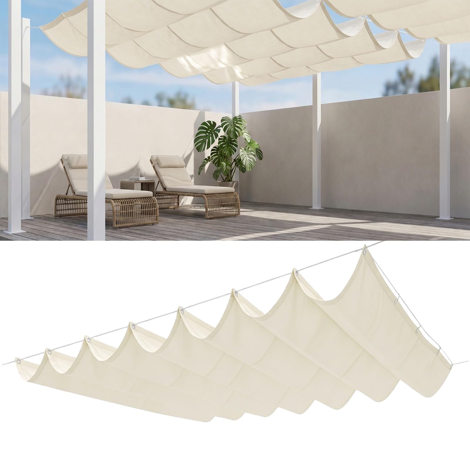 Retractable Wave Sun Shade Sail 1.2 x 2.5 m Adjustable Retractable Pergola Shade Weather Resistant Durable Sun Shades for Deck Lawn Garden Pool, off white