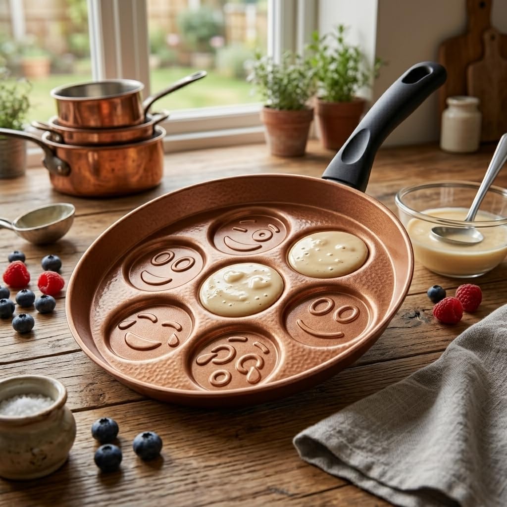 Papilla Redio Emoji Pankek ve Yumurta Tavası - 7 Bölmeli Gülen Yüz Tasarımlı, Yanmaz Yapışmaz Krep Tavası (28 cm) (BRONZ)