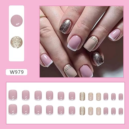 Miniatura 2 de Uñas postizas a presión de punta francesa blanca, uñas postizas cortas cuadradas con purpurina de líneas doradas, diseño de uñas postizas rosa