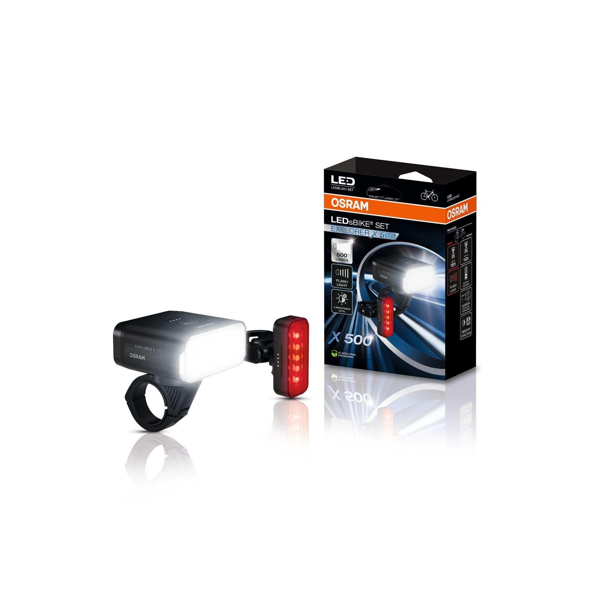 OSRAM LEDsBIKE EXPLORER X 500 SET, rechargeable bike light set - front and rear, off-road, three lighting levels and flashing light, 500 Lumen, garmin mount compatible โ image 1