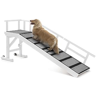 Dog Ramp for Bed or Couch, Wooden Pet Ramp with 20° Gentle Slope, Removable Side Rails, Non-Slip Surface, Top Platform & Wheels, Safe Bed Ramp for Small, Medium & Senior Dogs, 60" Long, White - Amazon product rated Grade A