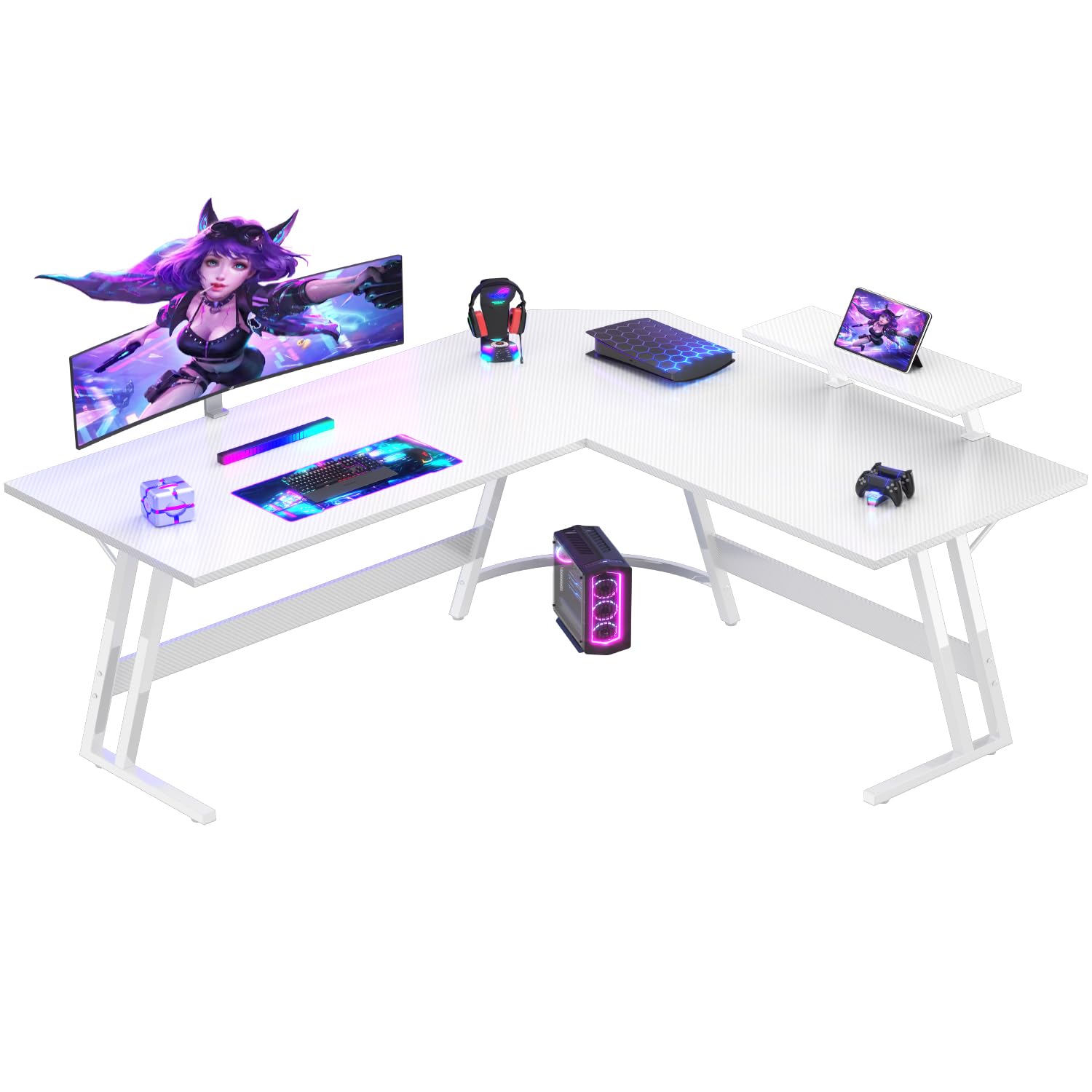 Devoko L Shaped Gaming Desk 150x130x75cm With Removable Monitor Stand, Corner Computer Desk Large PC Writing Table for Home and Office,Easy to Assemble, White Frosted