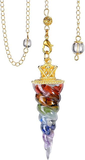JOVIVI Gold Crown 7 Chakra Crystal Pendulum Dowsing Divination Healing Spiritual Resin Thread Pointed Pendulum Crystal Witchcraft Reiki Meditation Gifts