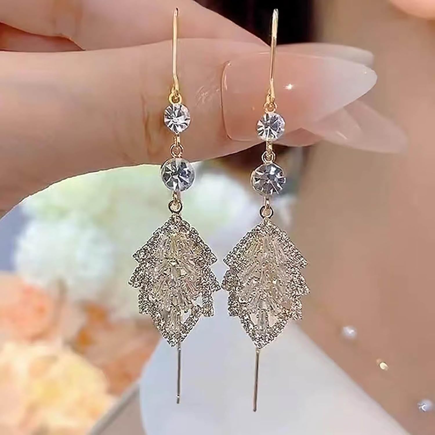 Boho Crystal Leaf Dangle Earrings Leaf Threader Drop Earrings Gold Ear Line Earrings Jewelry for Women and Teen - Image 2