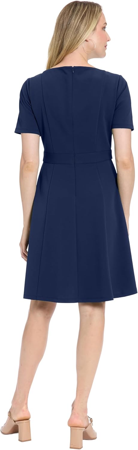 London Times Women's Short Sleeve Boat Neck Fit & Flare Belt-Professional Work Dresses for Wedding Guests - Image 3