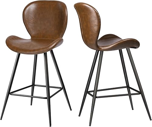 Miniatura 8 de KithKasa Juego de 2 taburetes de bar de altura de mostrador con respaldo, modernos de cuero sintético de mediados de siglo, 26 pulgadas, taburetes