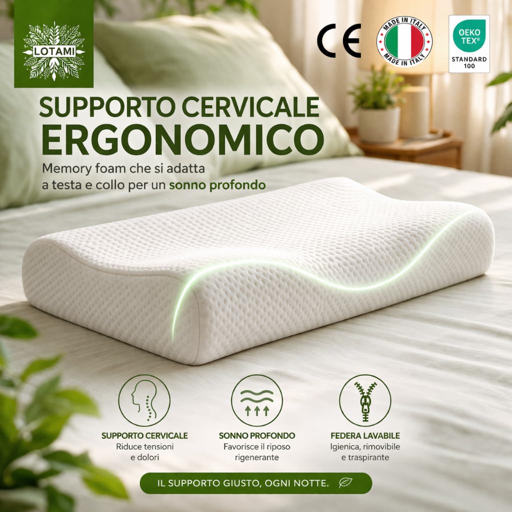 LOTAMI Cuscino Cervicale Ortopedico Memory Foam – Dispositivo Medico Classe 1 – Guanciale Ergonomico Doppia Onda per Dolore a Collo e Spalle, Traspirante e Anallergico