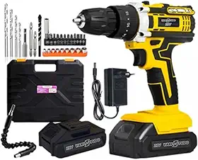 Furadeira e Parafusadeira de Impacto Sem Fio 21V com LED, 2 Baterias Recarregáveis Bivolt e 32 Acessórios - Maleta Completa para Uso Profissional e Doméstico