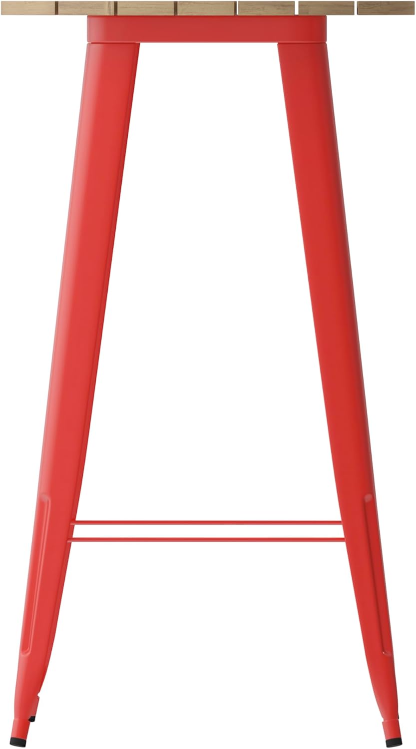 EMMA + OLIVER Drew Dining Table Bar Height - Black 23.75" Round Poly Resin Table Top - Red Steel Base - All-Weather for Indoor/Outdoor Use