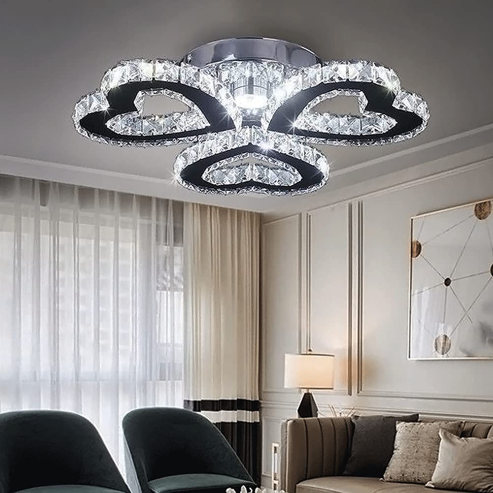 Lámpara de araña de cristal, moderna lámpara de techo empotrada de acero inoxidable LED colgantes para comedor sala de estar (3 anillos en forma de corazón, blanco frío)