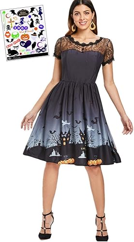 Amazon Co Jp Madrugada ハロウィン ワンピース レース ドレス ハロウィンナイト柄 コスチューム ハロウィン タトゥーシール付き 2点セット レディース S695 グレー L 服 ファッション小物