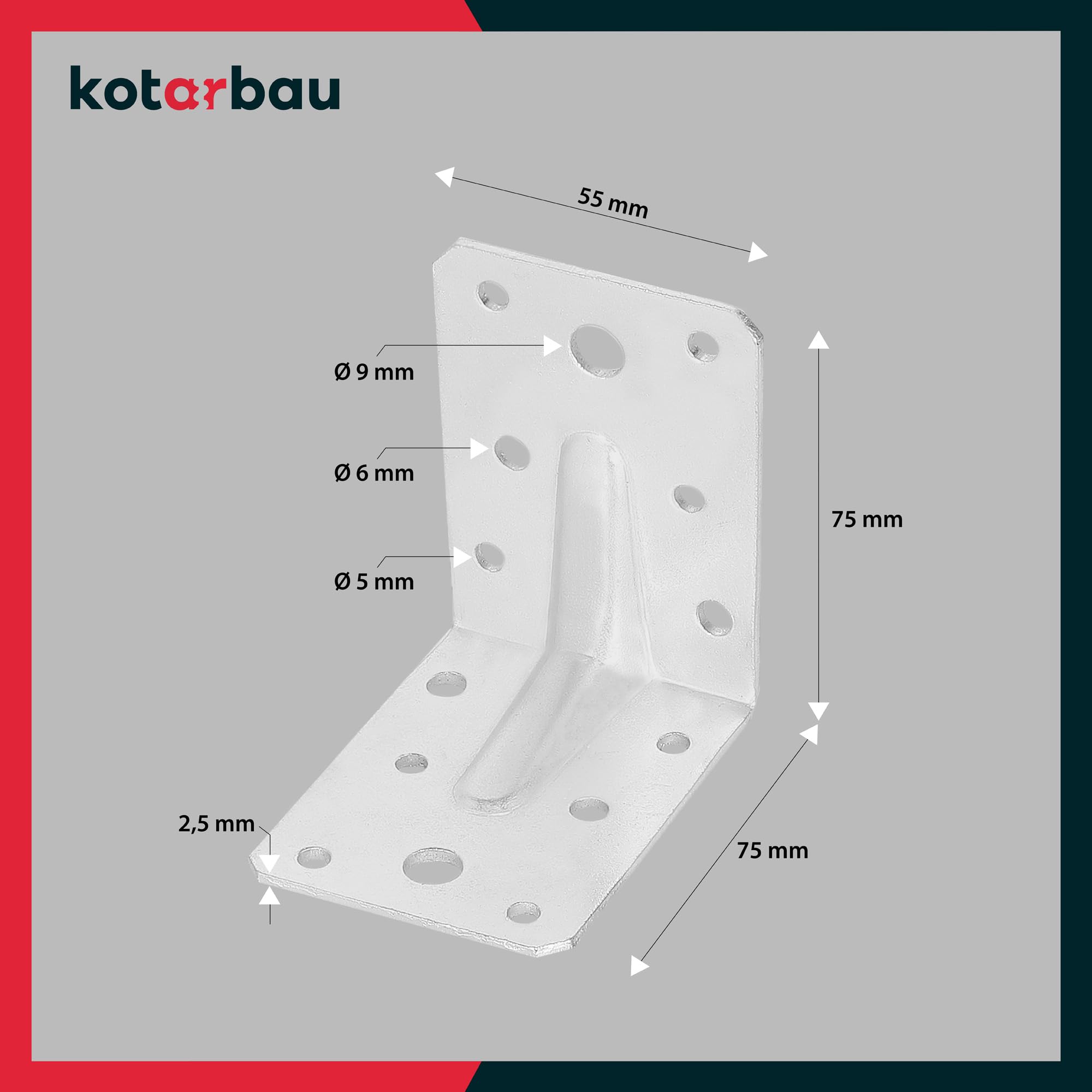 KOTARBAU® 25 szt. Kątownik Ciesielski - Łącznik Budowlany - 75 X 75 X 55 MM - Stal ocynkowana - Z Przetłoczeniem