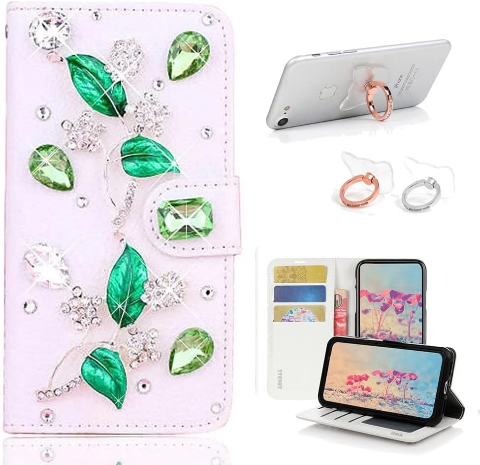STENES Bling Wallet Phone Case Compatible with iPhone 11 Pro Max - Stylish - 3D Handmade Leaf Design Leather Cover with Ring Stand Holder [2 Pack] - Green