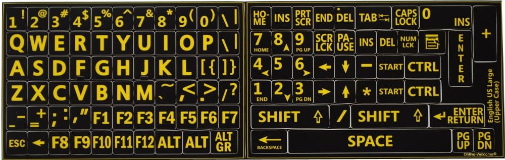 ENGLISH US LARGE LETTERING BLACK-YELLOW CONTRAST COLORS KEYBOARD STICKERS EXELLENT FOR LOW VISION