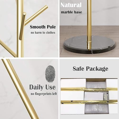 Miniatura 5 de Jolitac Perchero de metal con acabado de acero satinado dorado, base estable de mármol, alta calidad con ganchos, sombrero de árbol de metal y