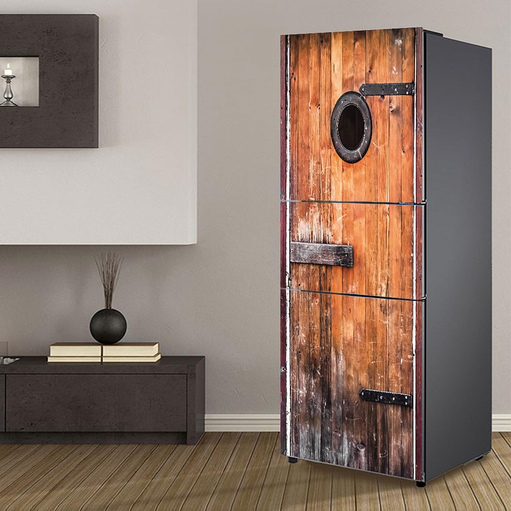 Fridge Stickers, Fridge Sticker Full Covering Door Covers Skins Wall Stickers for Kitchen Decal, Wooden Effect Retro hut(M: 60x180 cm)
