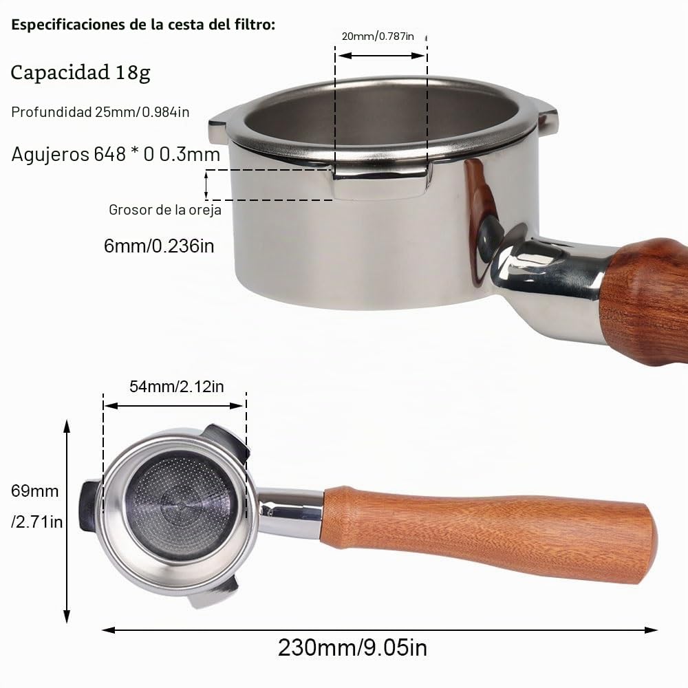 Portafiltro sin fondo 54 mm Compatible Sage/Breville Barista 870/878/880, asa de madera