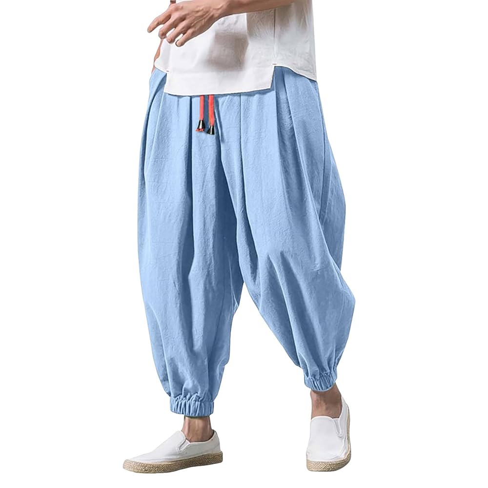 Pantaloni harem da uomo, in lino, larghi, giapponesi, comodi, leggeri,  traspiranti, per attivit� all'aria aperta, leggeri da jogging, streetwear  Hip Hop, Azzurro, S : Amazon.it: Fashion