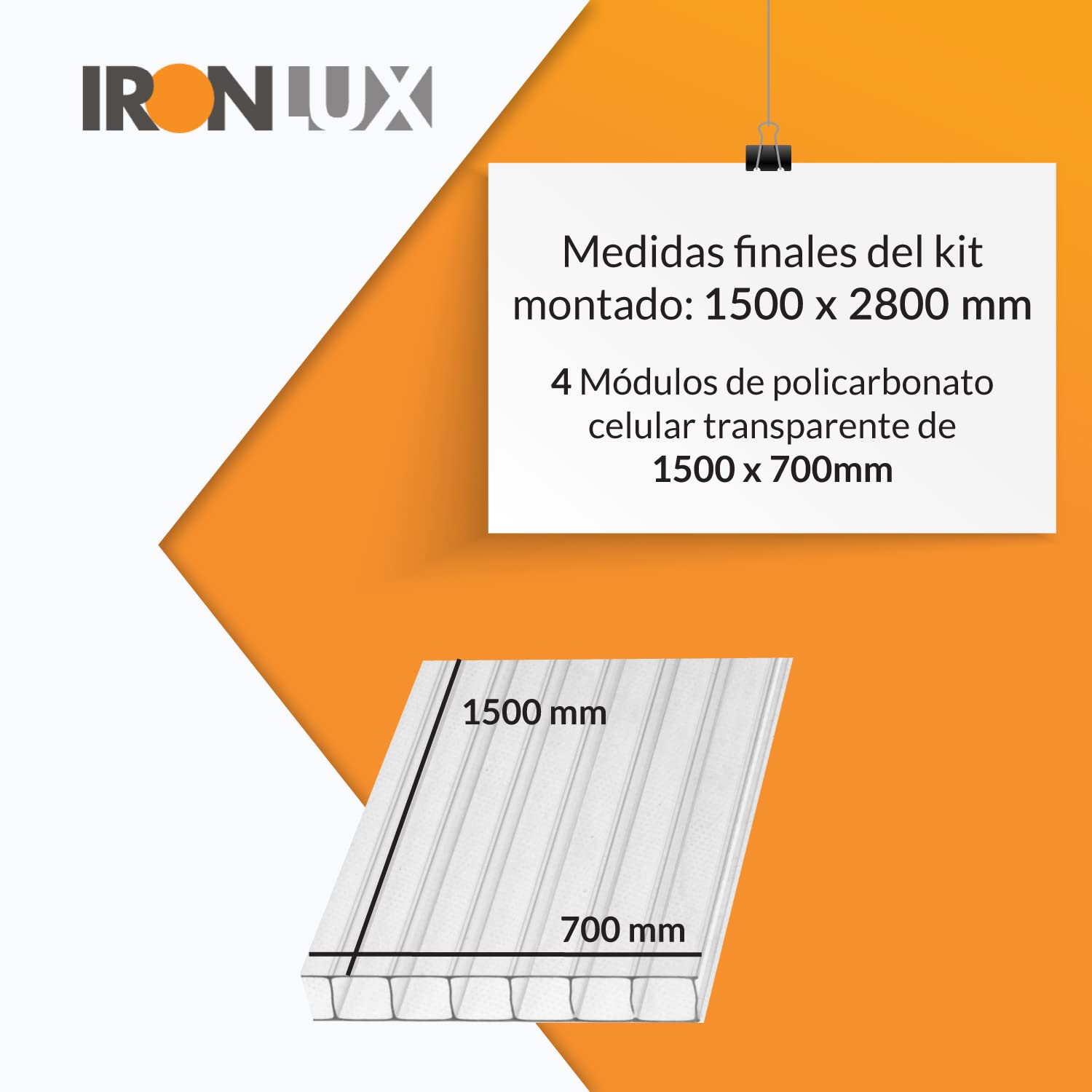 Kit Placas de policarbonato Compacto Transparente 10mm - Medida Final 1500 x 2800 mm- Incluye Accesorios de instalación