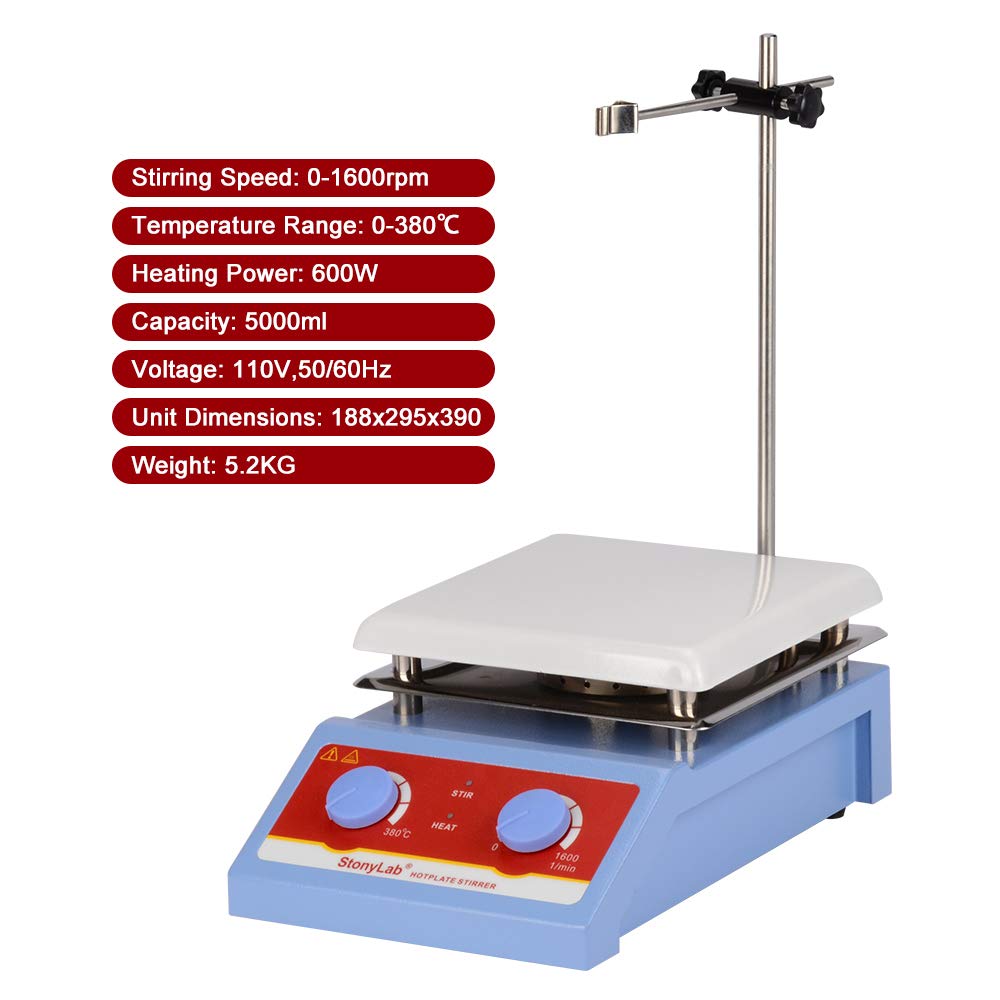 stonylab Agitador Magnético con Placa Calefactora, 5L Magnetic Stirrer 0-1600 rpm Velocidad Mezclador Magnetico con Placa Calefactora de Cerámica en 19 x 19 cm, Máx.380℃ Potencia Nominal 600W, 220V