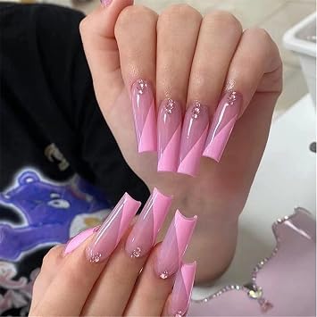 Pink 24Pcs Full Cover Long Coffin Press On Coffin Fake Nails Rhinestone Nail Decoration False Nails French Long Acrylic Nail Tips
