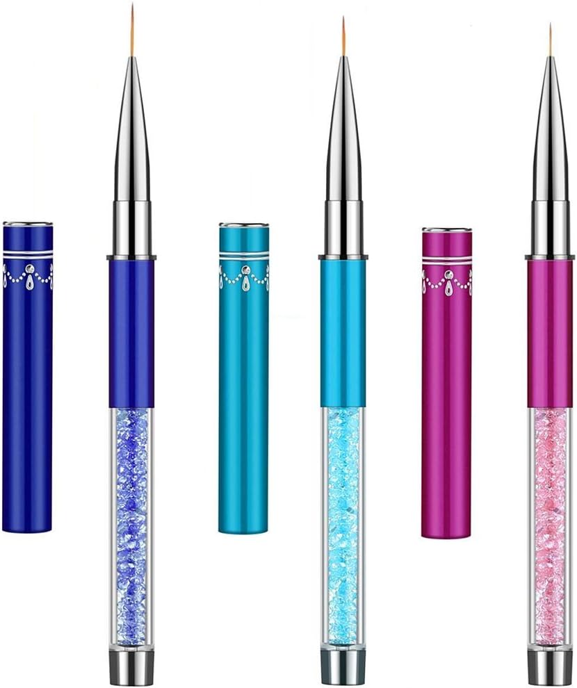 3Pcs Nail Art Liner Brush Pen Set (Size 7 mm,9 mm,11 mm) Rhinestone Handle Salon Using Nylon Hair Brushes