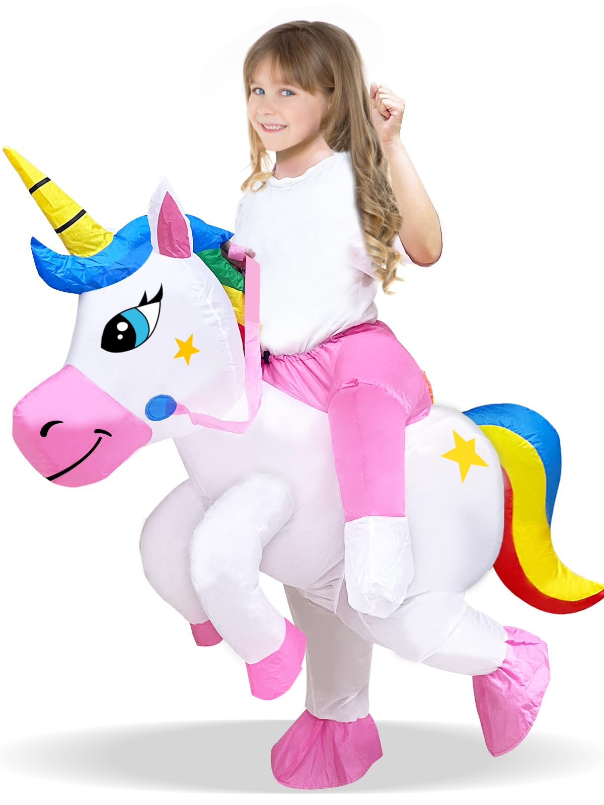 Inflatable Kids Halloween Costume Blow Up Ride on Unicorn Costume for Halloween Funny Girls Boys Cosplay Party