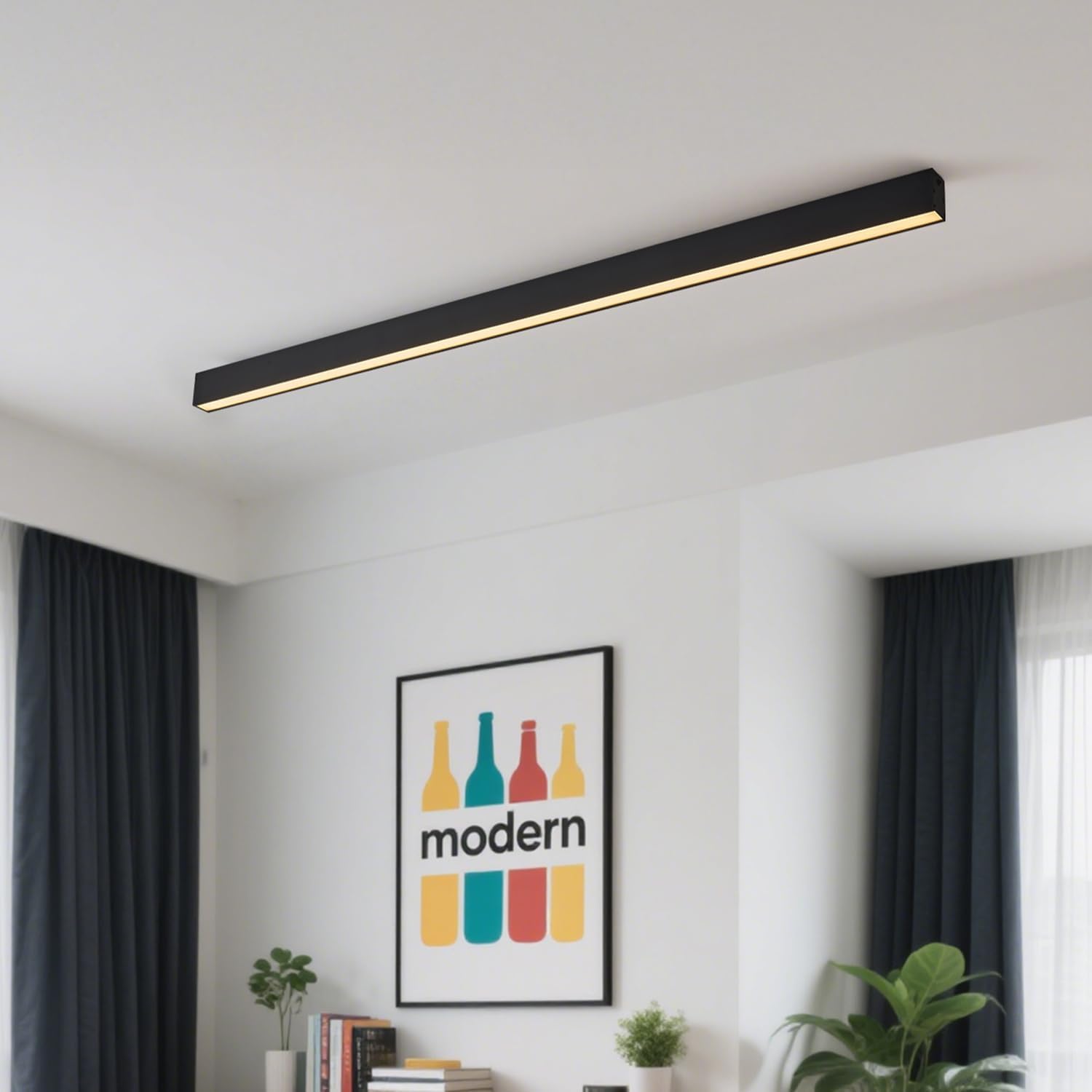 Black ceiling light LED, modern and simple, long strip ceiling surface installation, suitable for living room, bedroom, corridor and kitchen, remote control to switch color and brightness, 23.6 inches