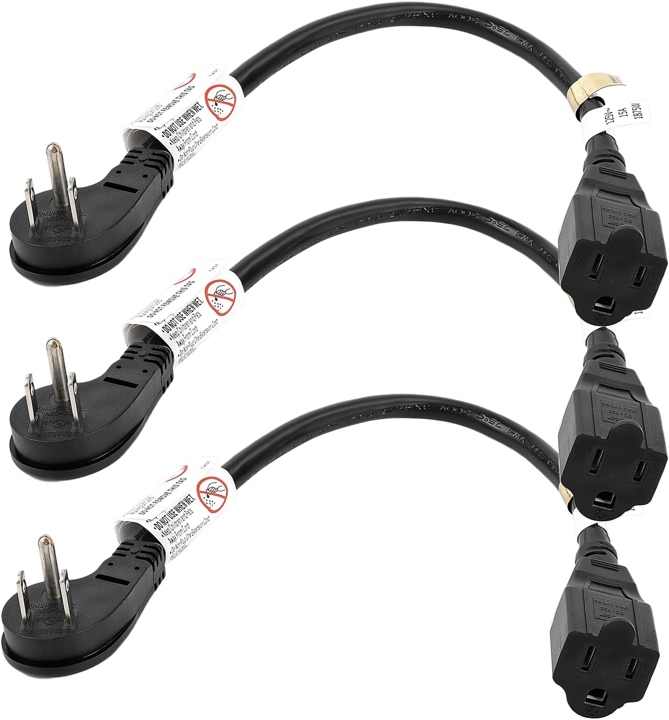 1FT Flat Plug Heavy Duty Extension Cord 3 Prong 1875W 15A 14AWG 1 Foot for Home Appliance UL Listed Black White (3, Black) (3, Black)